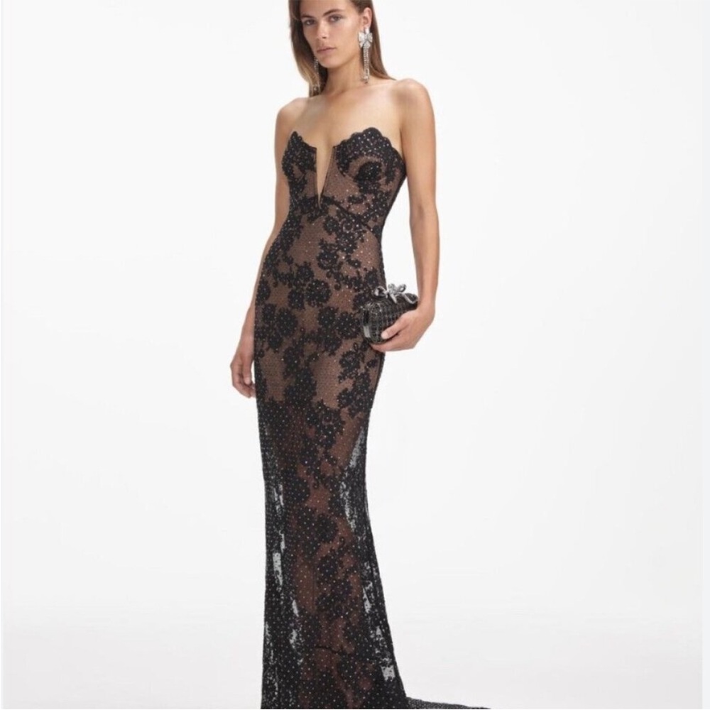 SELF PORTRAIT BLACK RHINESTONE LACE BANDEAU MAXI GOWN
